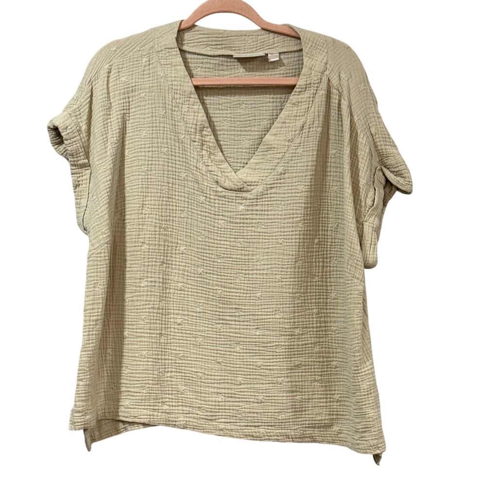 Belle Beach Kim Gravel Women 1X Cotton Gauze Star V Neck Top Boho Short Sleeve